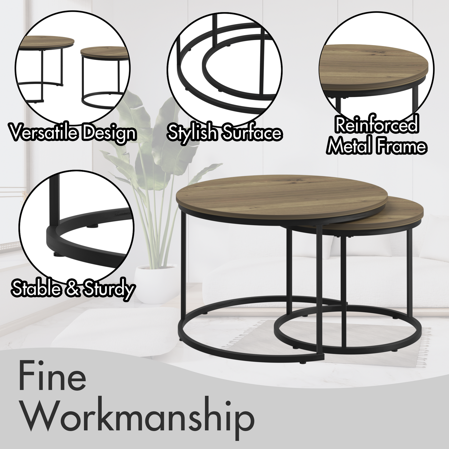 Round Nesting Coffee Table Set of 2 with Marble Top & Metal Frame – Modern Living Room