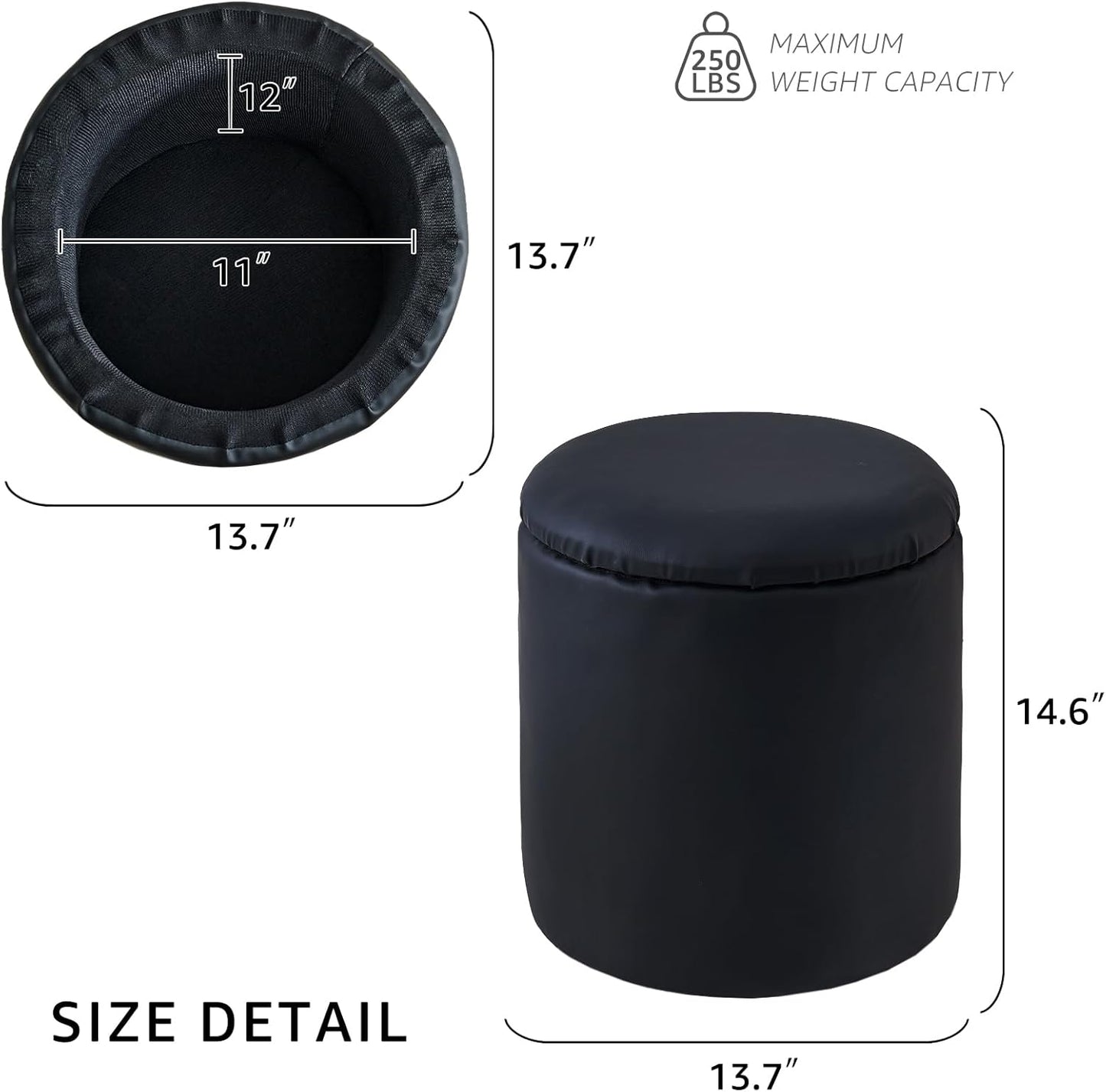Black Faux Leather Round Storage Ottoman with Removable Lid