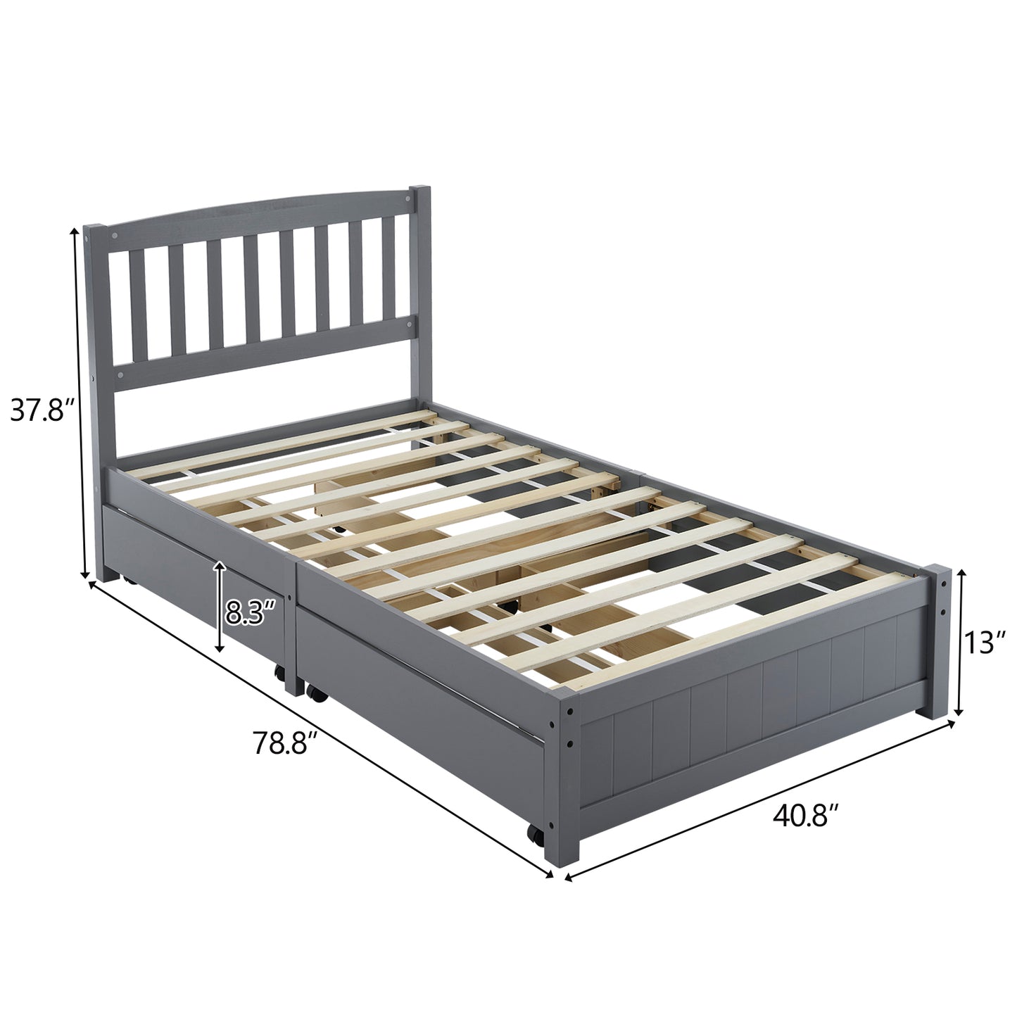 Twin Pine Wood Platform Bed with 4 Storage Drawers & Curved Headboard – Gray