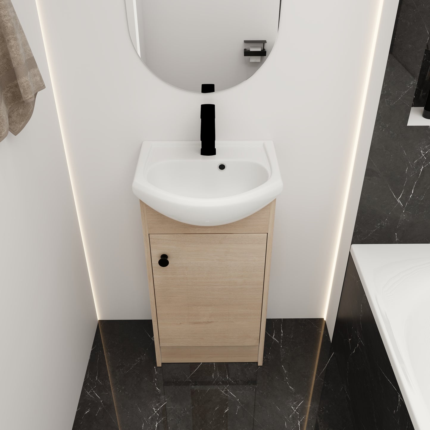18" Small Bathroom Vanity with Sink – Freestanding Oak Cabinet Combo Unit