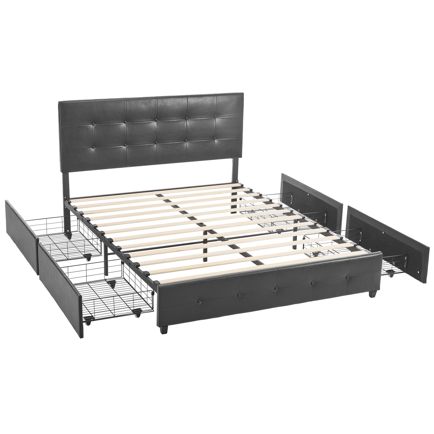 Queen Upholstered Platform Bed with 4 Drawers & Adjustable Tufted Headboard