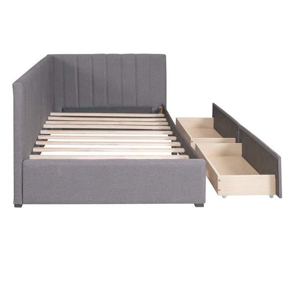 Gray Twin Upholstered Daybed with 2 Storage Drawers – Linen Sofa Bed Frame