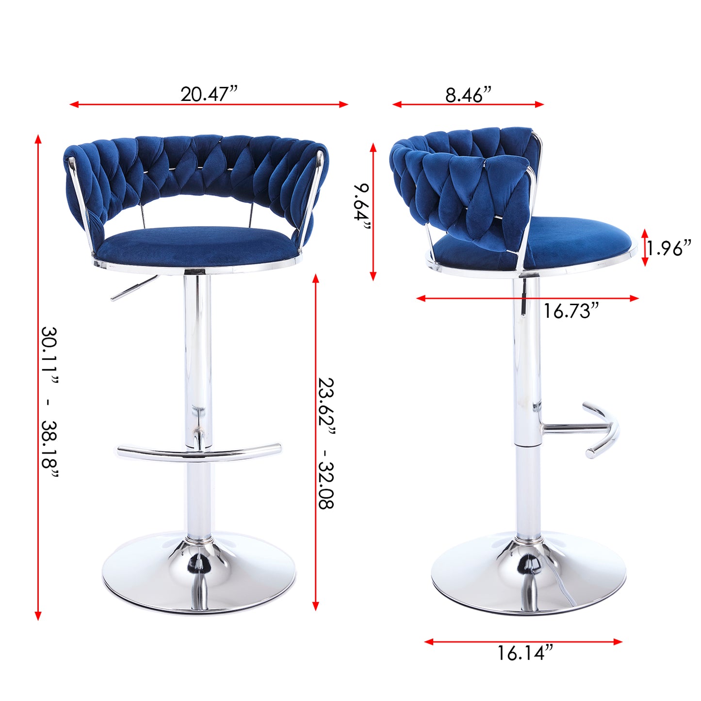 Set of 2 Blue Velvet Bar Stools with Chrome Base & Swivel Adjustable Height