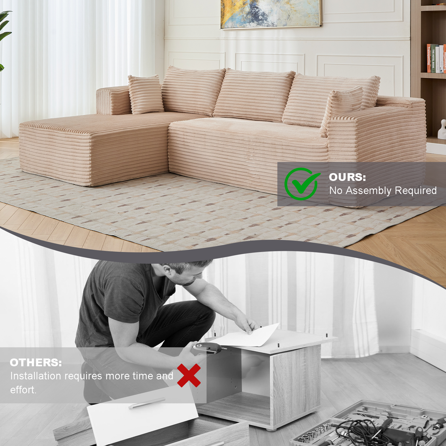 Modular L-Shaped Corduroy Sectional Sofa with Chaise – Beige