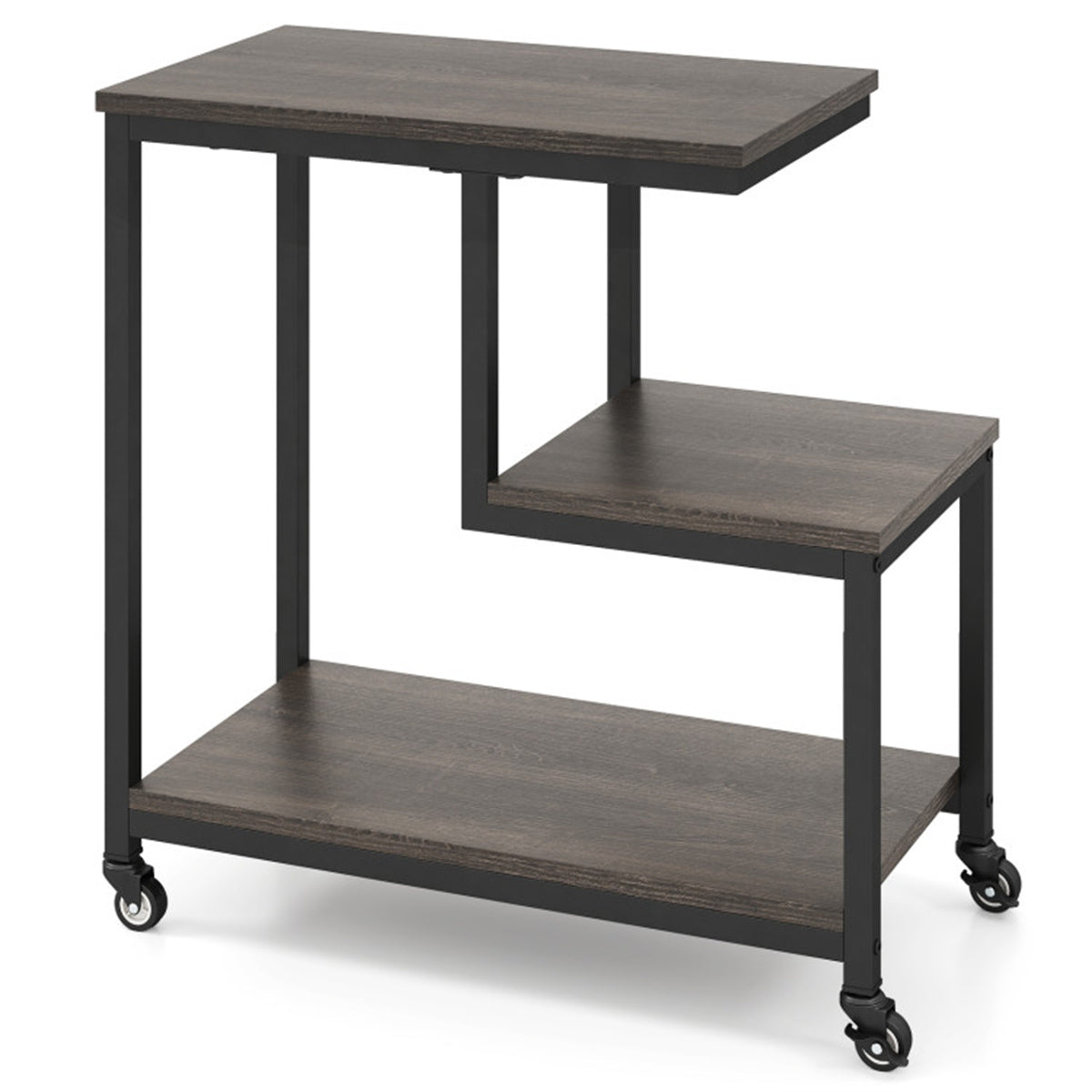 G-Shaped 3-Tier Gray End Table with Wheels – Mobile Storage Side Table