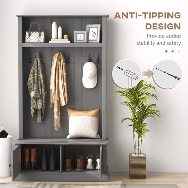 Gray Entryway Hall Tree with Storage Cabinet, Bench & Coat Rack