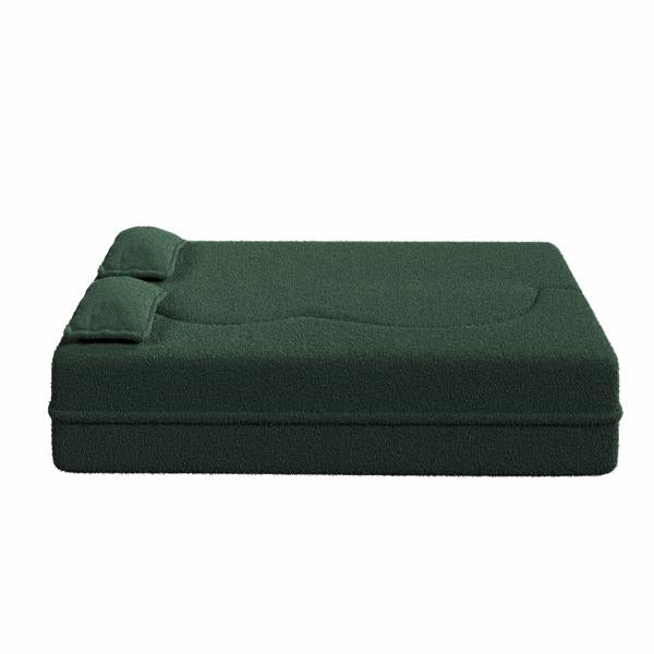 Green Teddy Fabric Convertible Floor Sofa Bed with 2 Pillows, Full Size 78"