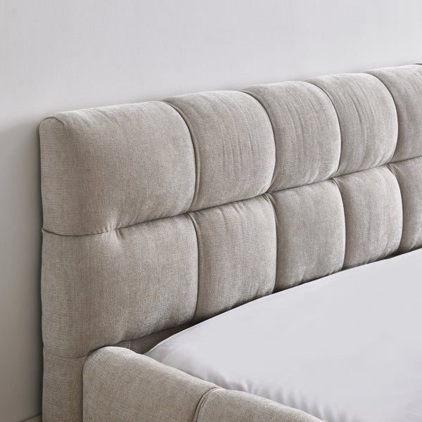 Queen Upholstered Platform Bed Frame with Headboard, Chenille Fabric, Beige