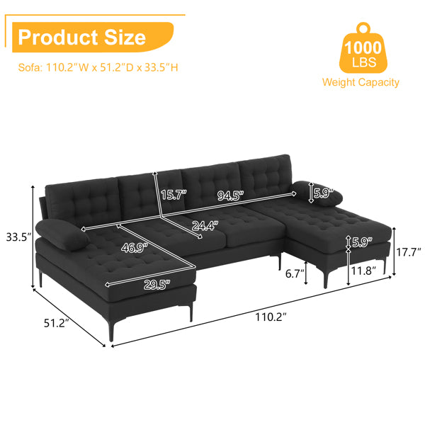 U-Shaped Sectional Sofa – Black Upholstery, Wooden & Iron Frame with Black L