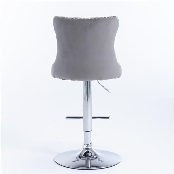 Set of 2 Gray Velvet Swivel Barstools, Adjustable Height 25–33", with Backs