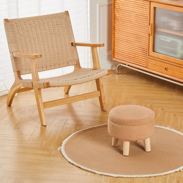 Round Storage Ottoman, Teddy Velvet Footrest with Wood Legs for Living Room, Brown