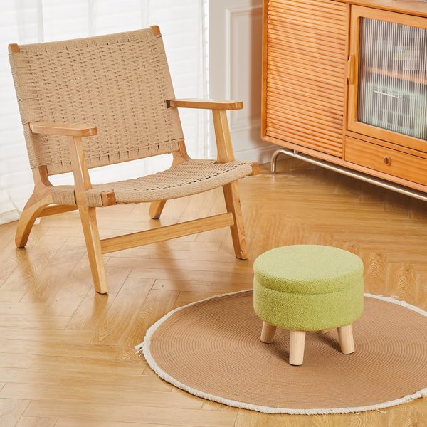 Round Storage Ottoman, Teddy Velvet Footrest with Wood Legs for Living Room, Green