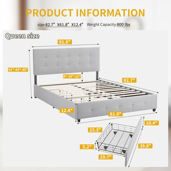 Queen Upholstered Platform Bed with 4 Drawers & Adjustable Tufted Headboard