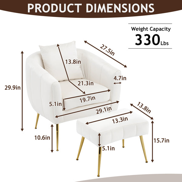 Velvet Barrel Chair with Ottoman & Lumbar Pillow – Off White Accent Set