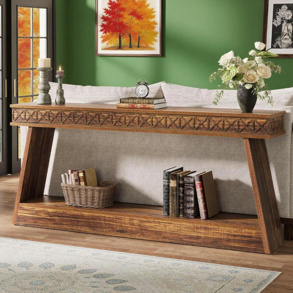Dark Brown 2-Tier Long Console Table – Rustic Farmhouse Entryway & Sofa Display