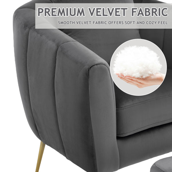 Velvet Barrel Chair with Ottoman & Lumbar Pillow – Gray Accent Set