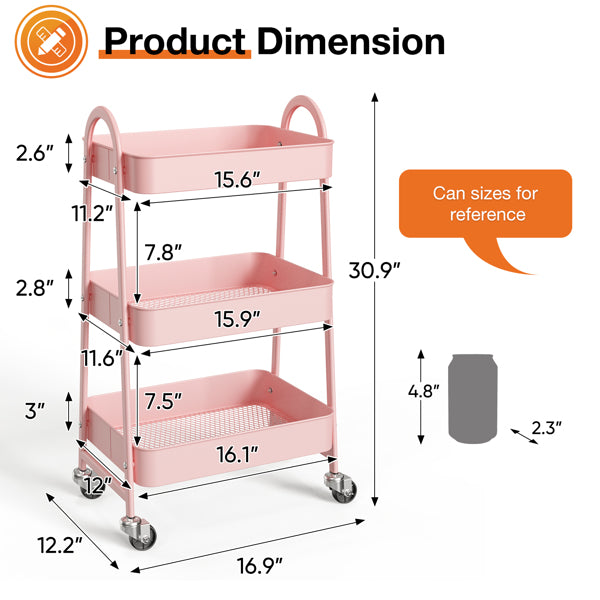 3-Tier Rolling Metal Utility Cart – Storage Organizer for Home & Office