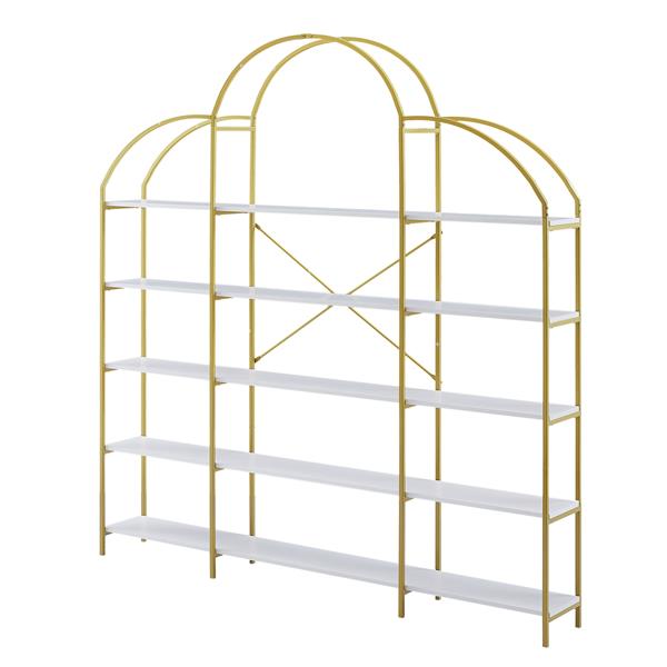 74.8" 5-Tier Bookshelf with Round Top, Gold Frame & X-Bar, Office Display Shelf