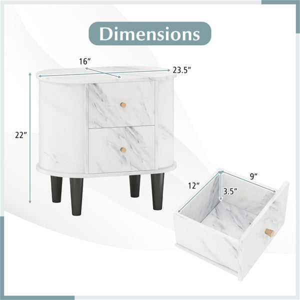 White Nightstand with Faux Marble Top & 2 Drawers – Modern Bedroom Side Table
