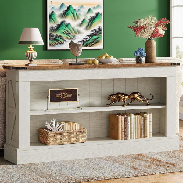 Modern Farmhouse Console Table with 2-Tier Shelves – White & Natural Wood