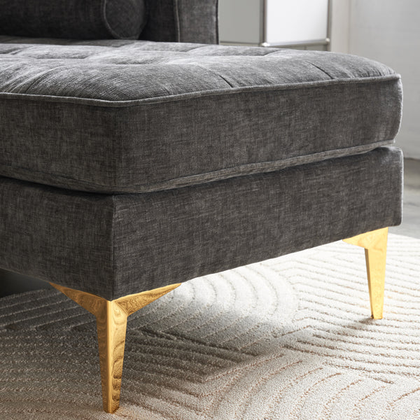 3-Seater Chenille Modular Sofa with Footstool, Gold Legs – Dark Gray