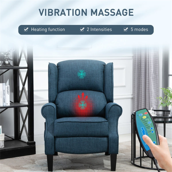 Heated Massage Recliner Chair with Lumbar Support – Manual Pushback, Blue