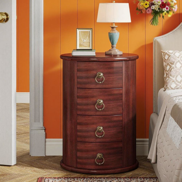 Cherry Brown 4-Drawer Coffee Table Nightstand – Rustic Vintage Storage Side Table