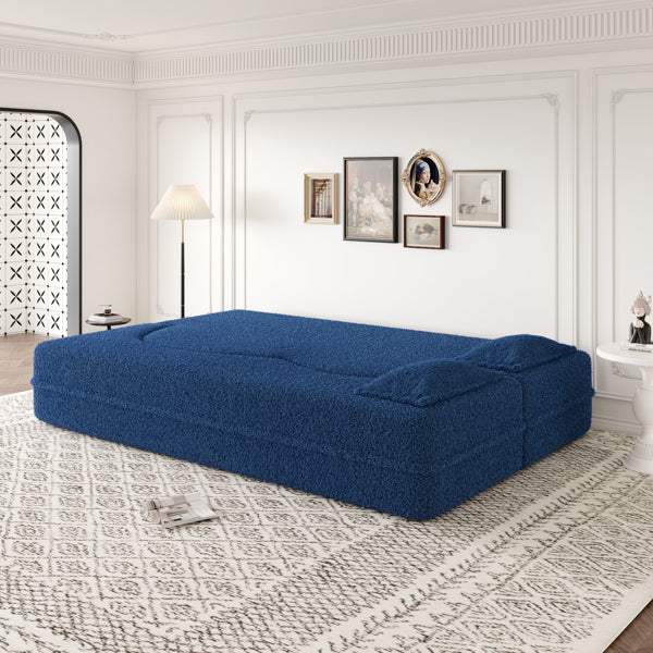 Blue Teddy Fabric Convertible Floor Sofa Bed with 2 Pillows, Full Size 78"
