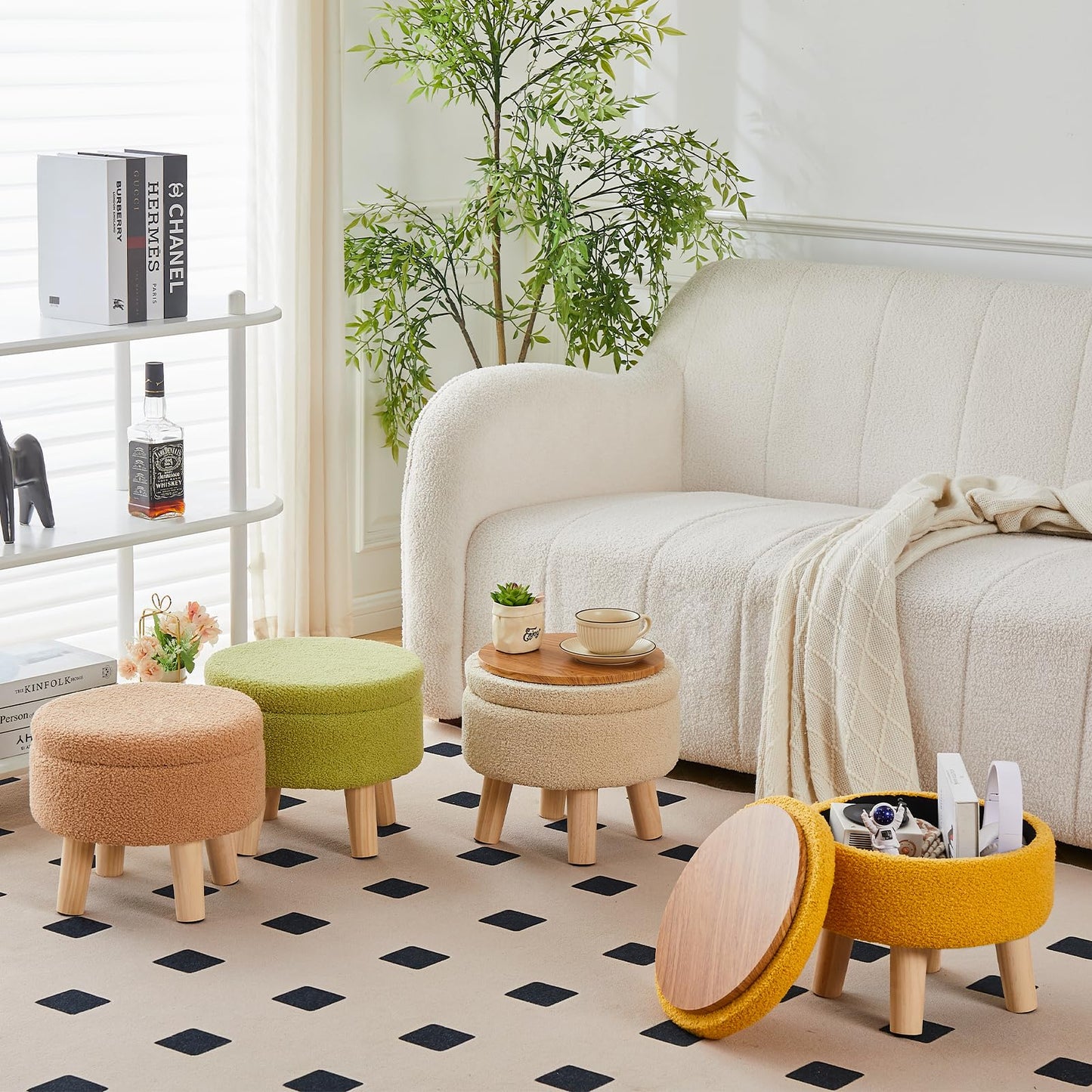 Round Storage Ottoman, Teddy Velvet Footrest with Wood Legs for Living Room, Green
