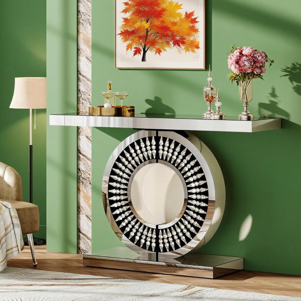 43" Silver Glass Console Table with Crystal Inlays – Modern Entryway Accent