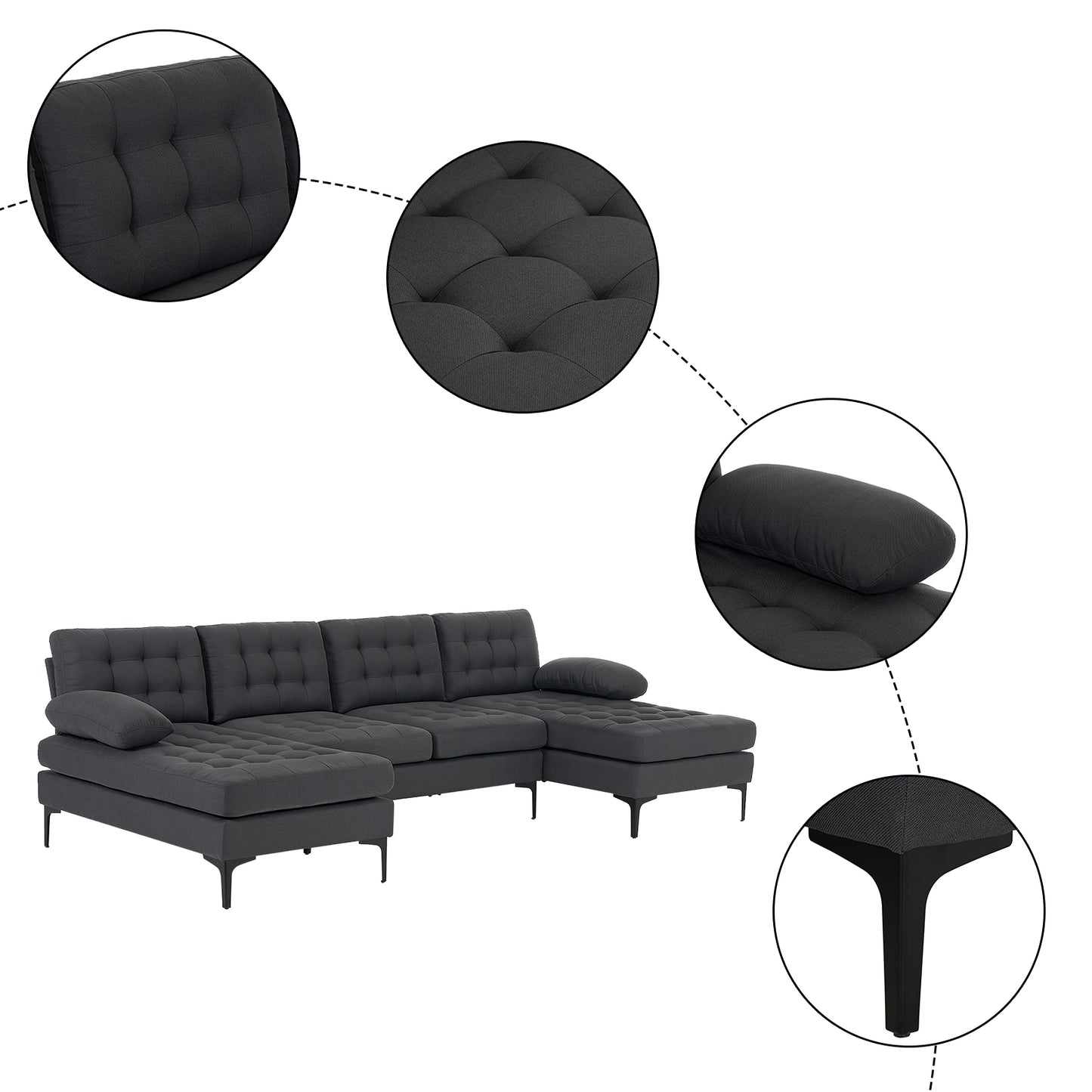 U-Shaped Sectional Sofa – Dark Gray Upholstery, Wooden & Iron Frame with Black L