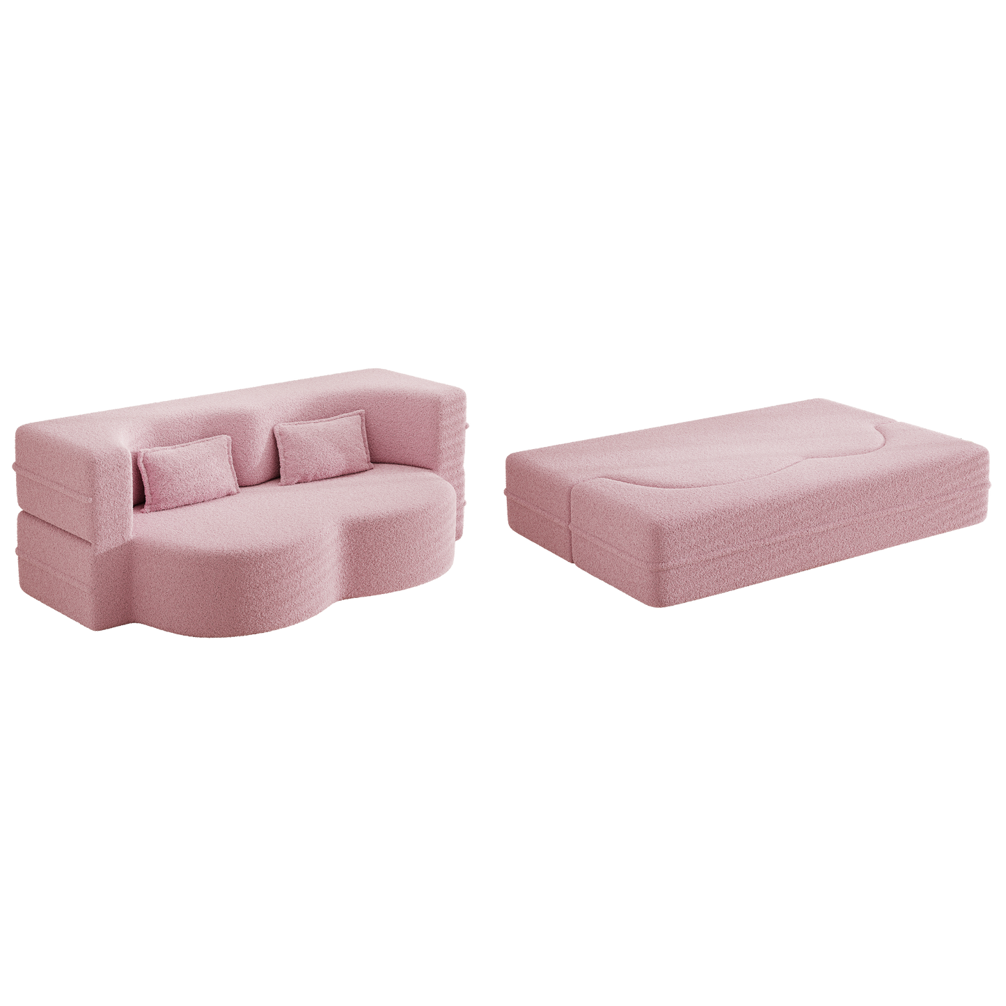 Modern Pink Teddy Fabric Floor Sofa Bed with 2 Pillows – Convertible & Space-Saving