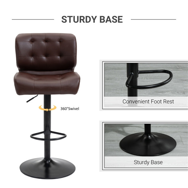 Set of 2 Adjustable Brown Bar Stools with Swivel Seats & Tufted Backrest