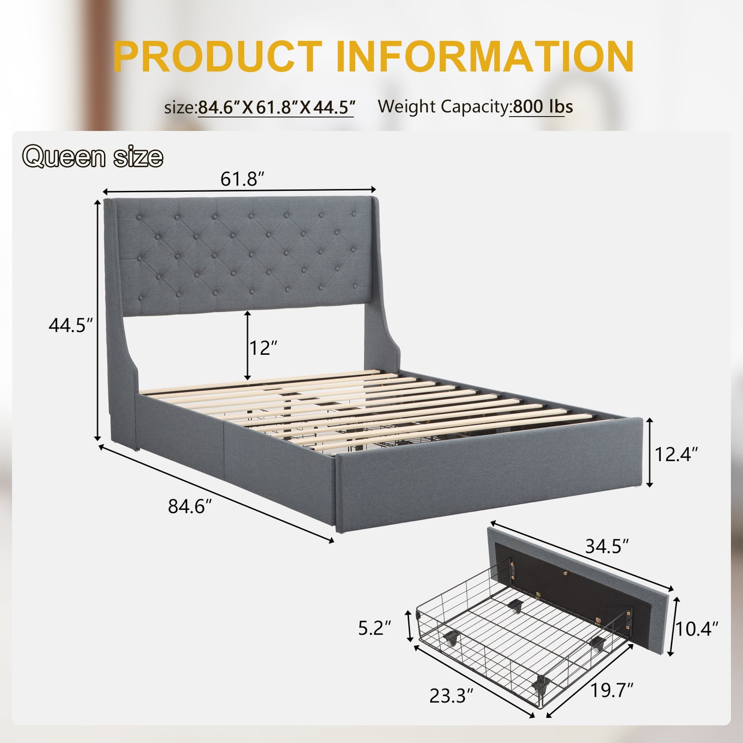 Queen Upholstered Storage Bed Frame with 4 Drawers & Wingback Tufted Headboard