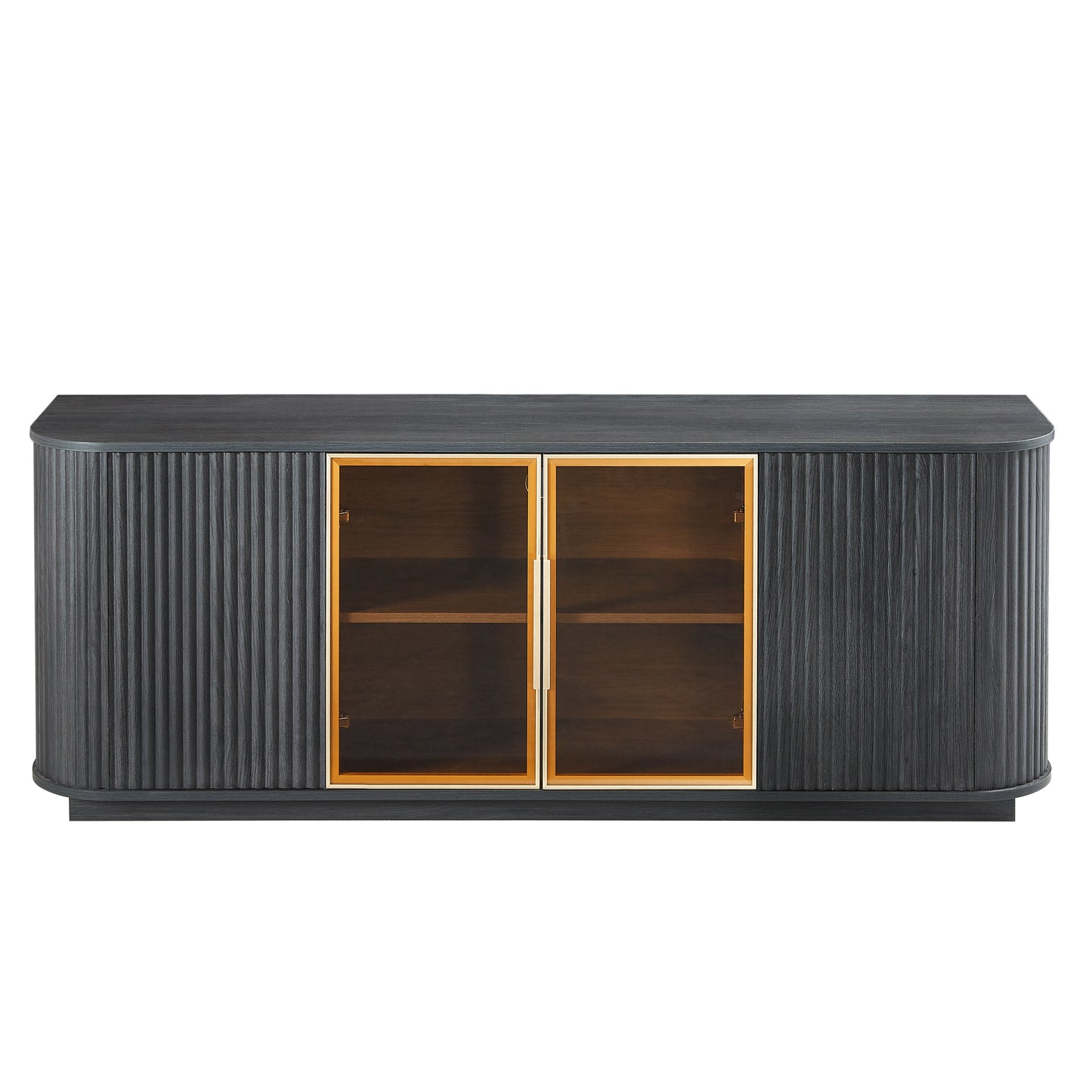 64" Wavy Black TV Cabinet with LED, Glass Doors & Storage for Living Room