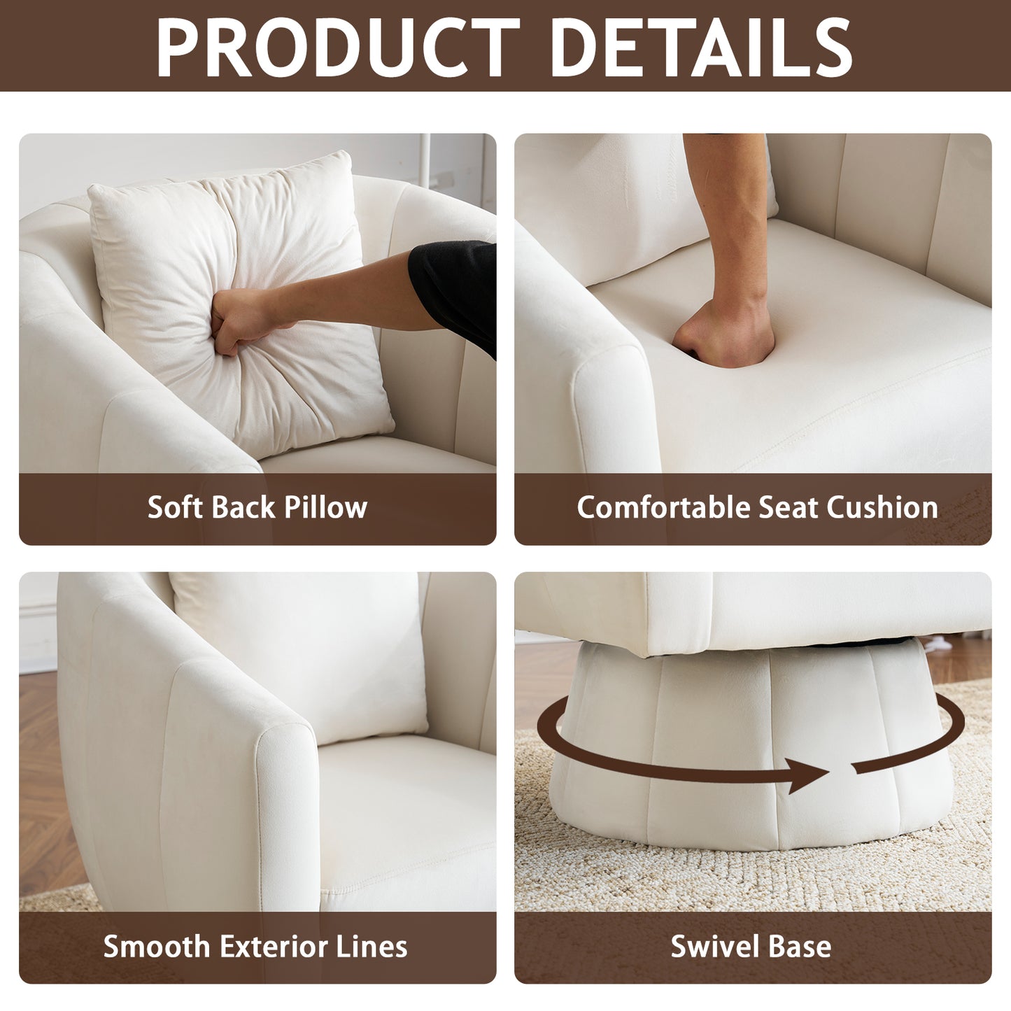 360° Swivel Velvet Accent Chair with Fluffy Cushion – Off White