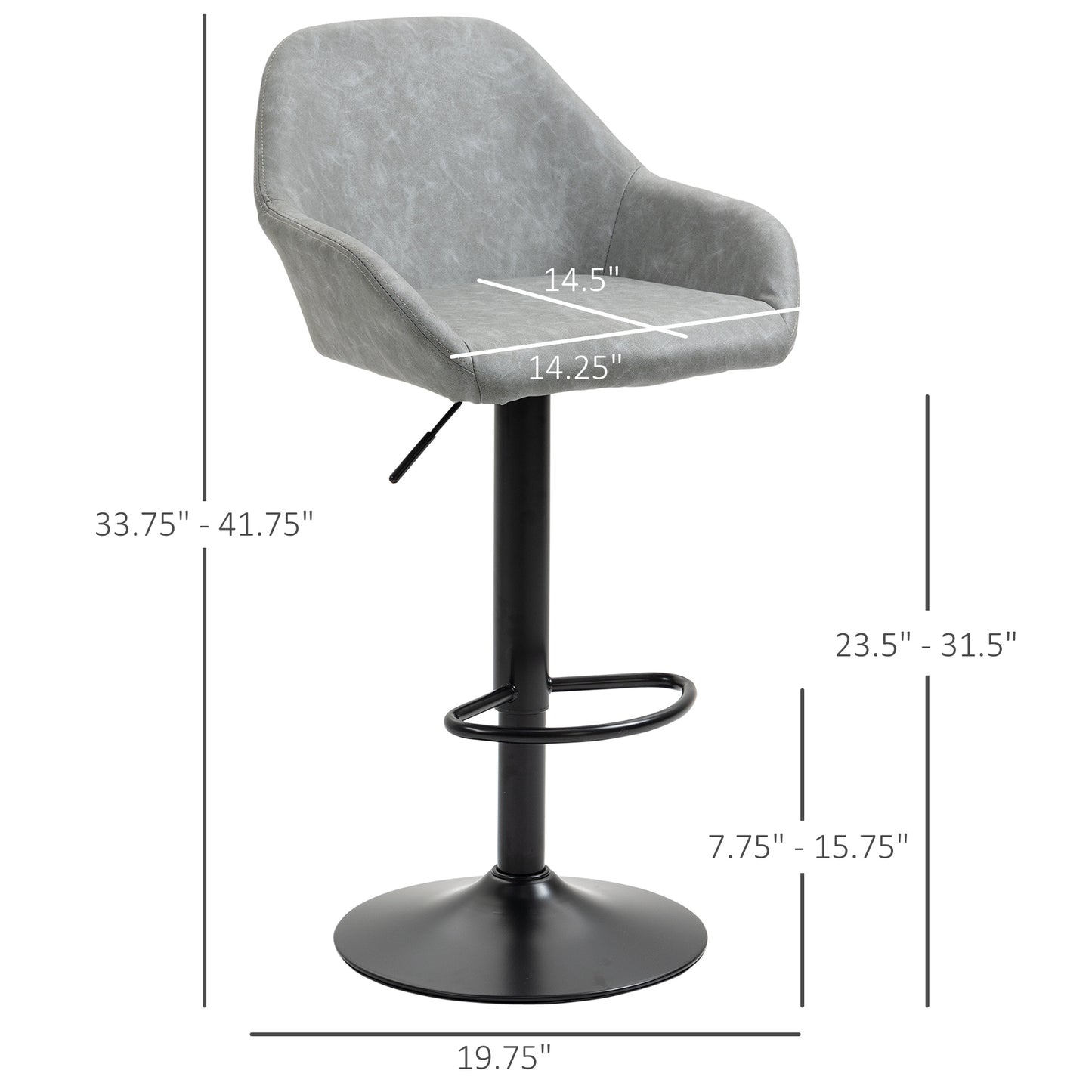 Set of 2 Grey PU Leather Adjustable Swivel Bar Stools with Footrest – Modern Counter Chairs
