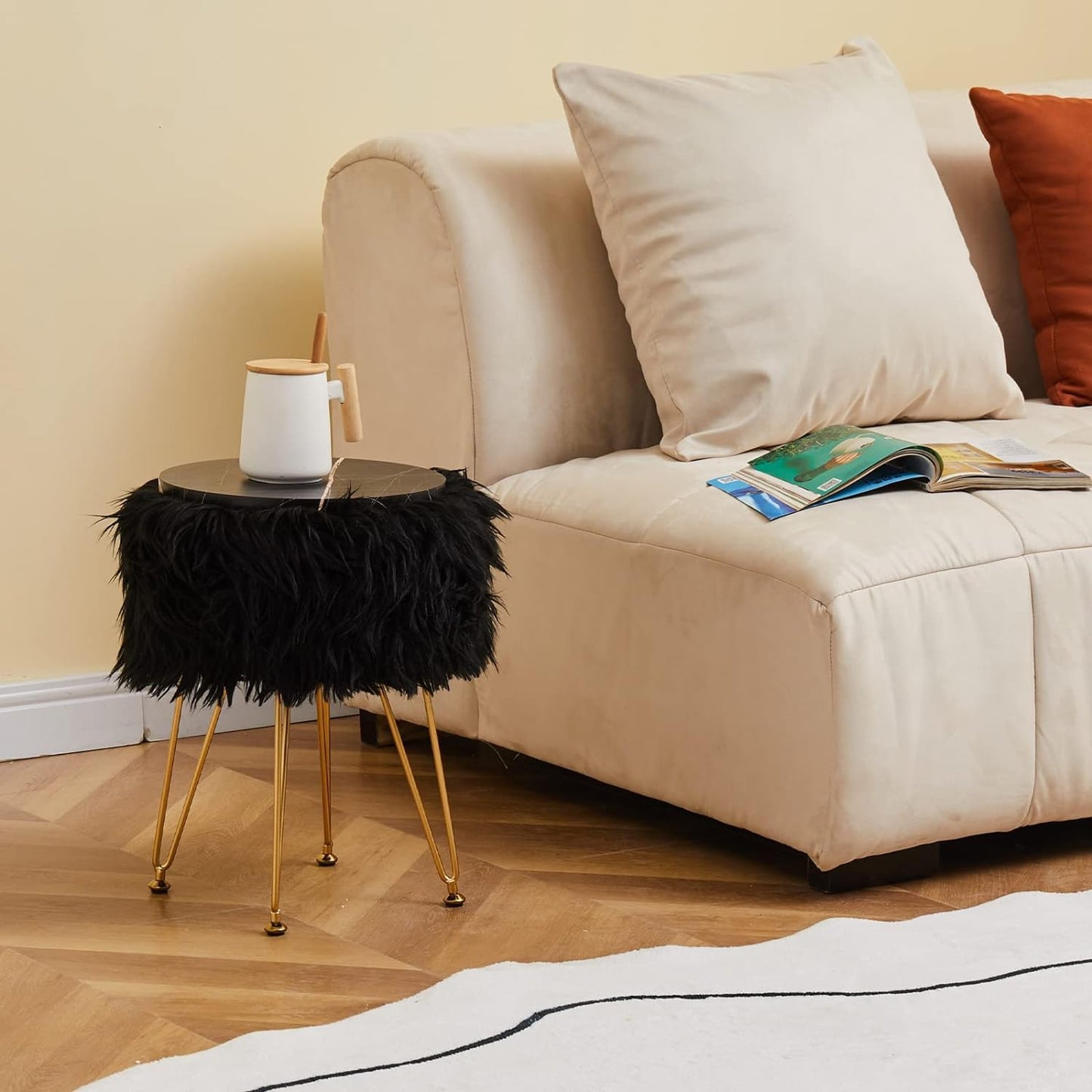 Faux Fur Ottoman Stool with Marble Tray, Footrest & Storage, Black Vanity Seat