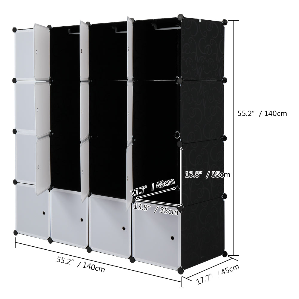 16-Cube Modular Closet Organizer with Hanging Rods, White Doors & Black Panels