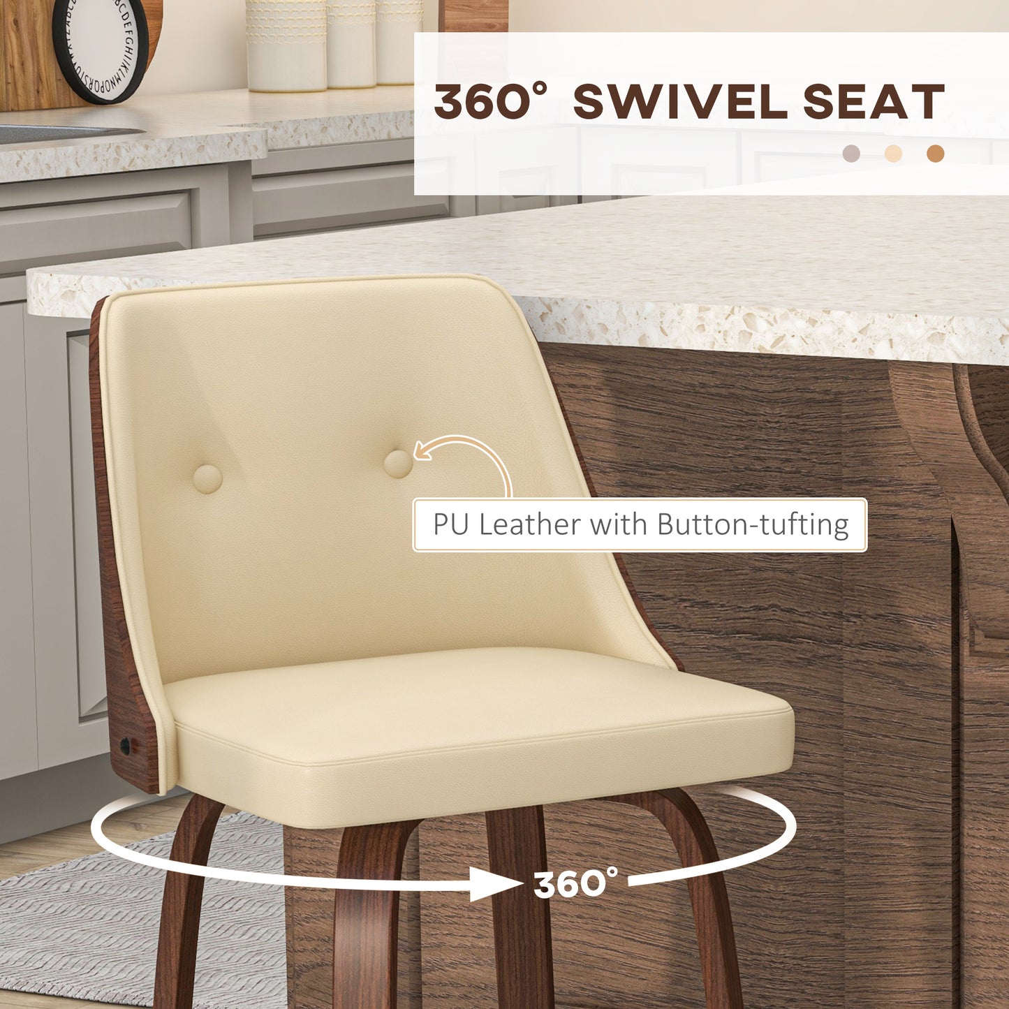 Set of 2 Beige PU Leather Wingback Swivel Bar Stools with Tufted Back & Footrest