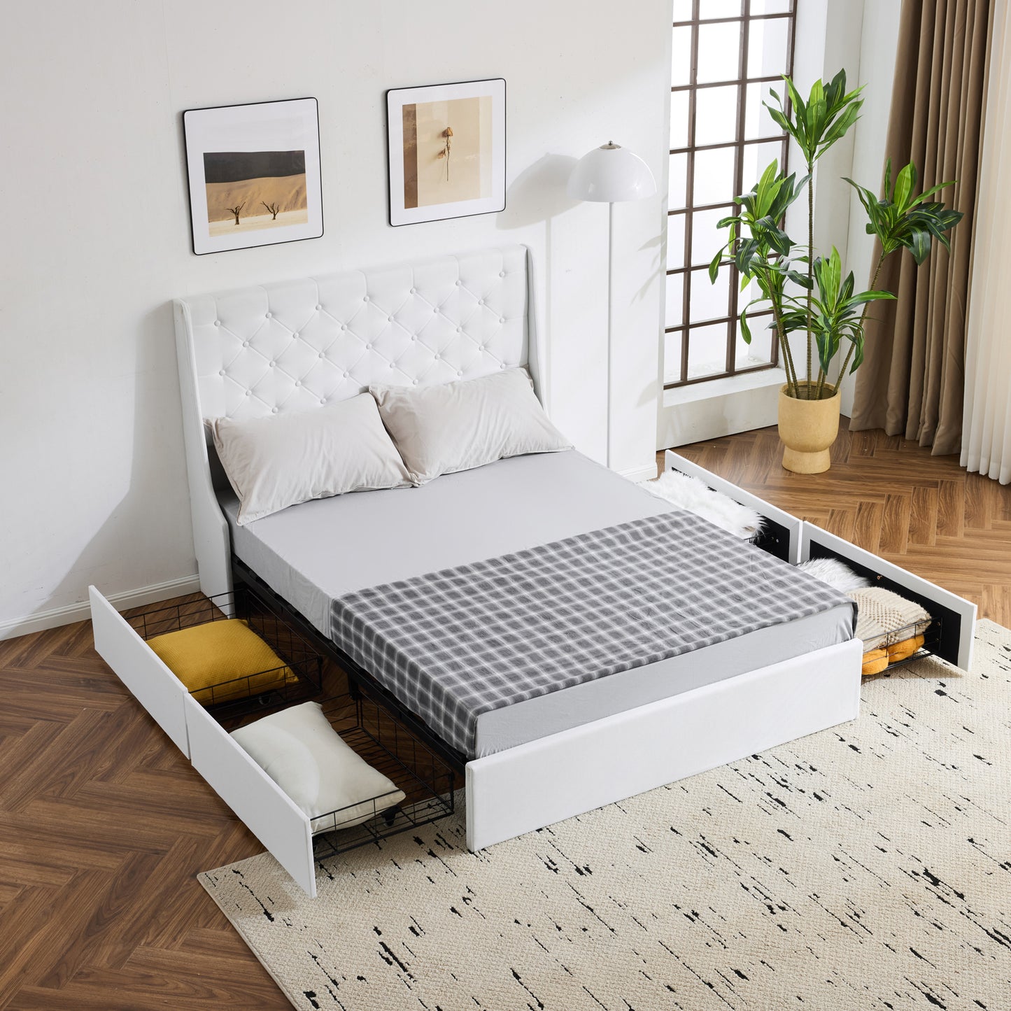 Queen Upholstered Storage Bed Frame with 4 Drawers & Wingback Tufted Headboard