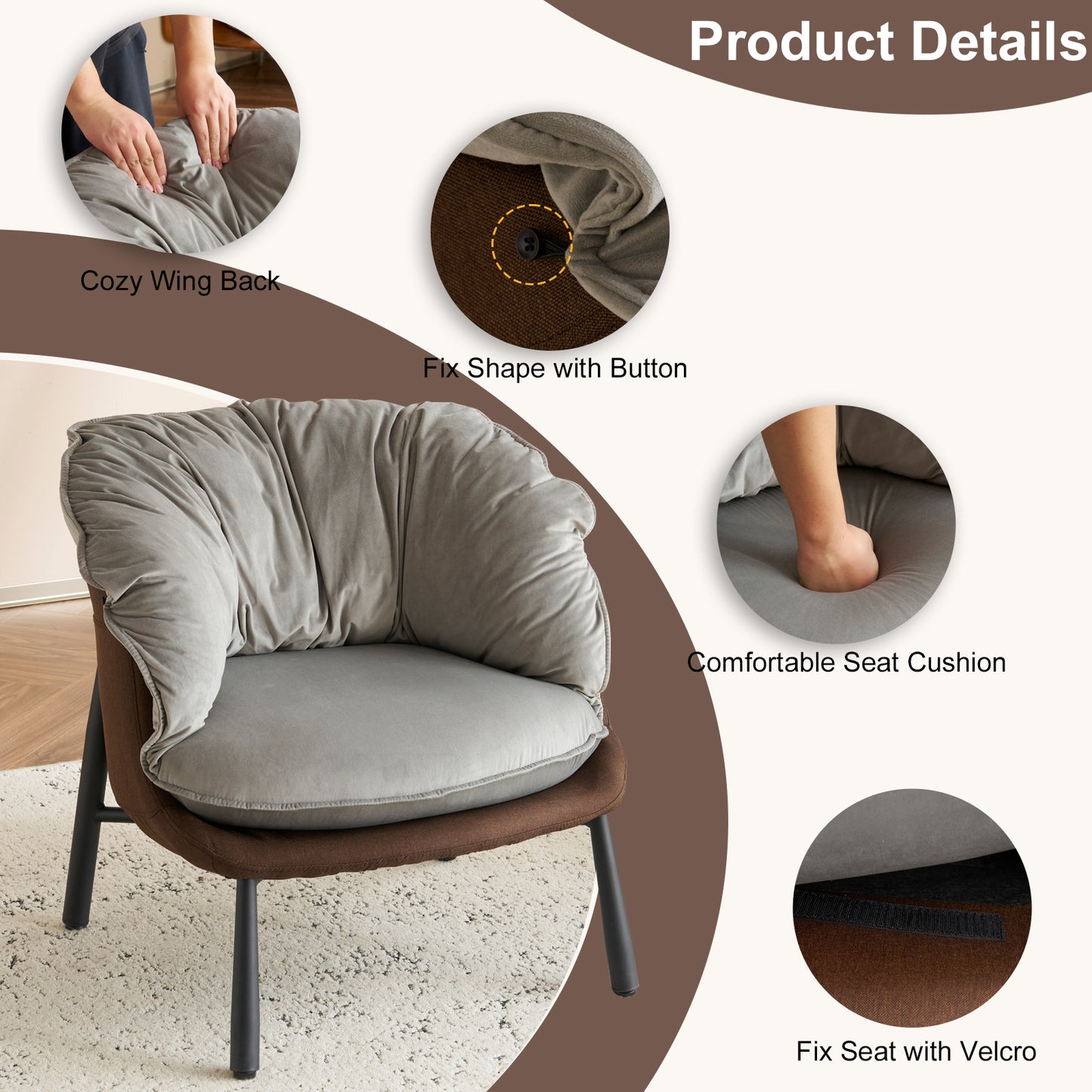Modern Velvet Barrel Accent Chair with Metal Legs – Gray Armchair