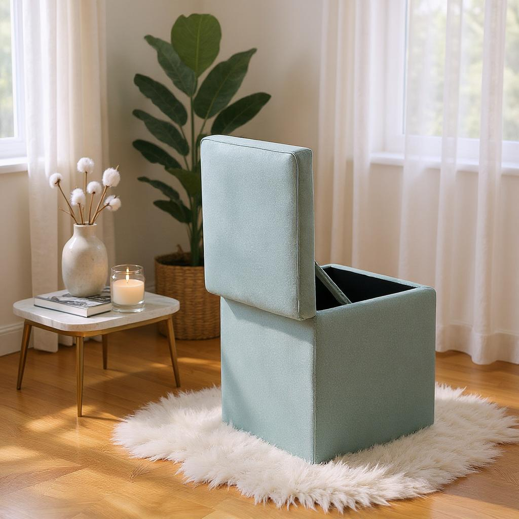 Gray Linen Storage Ottoman with Hidden Compartment – 16.5” Cube Seat