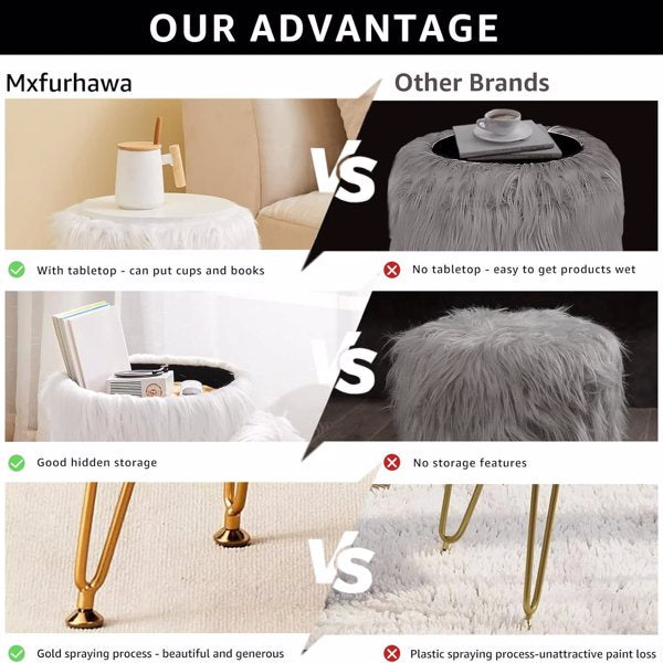 Faux Fur Ottoman Stool with Marble Tray, Footrest & Storage, White Vanity Seat