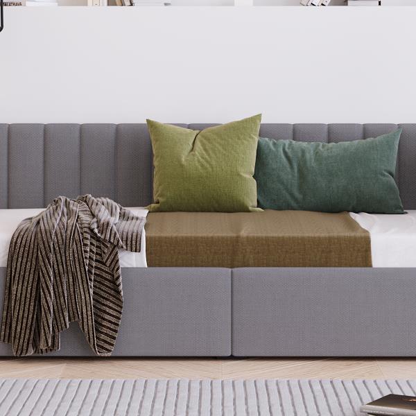 Gray Twin Upholstered Daybed with 2 Storage Drawers – Linen Sofa Bed Frame