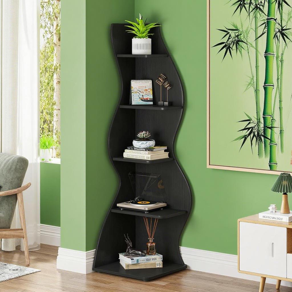 Black Wavy 5-Tier Corner Bookshelf – Modern Sculpted Bookcase Storage Rack
