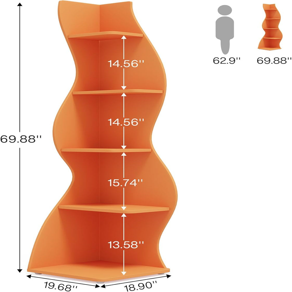 Bookcase Wavy 5-Tier Orange Corner Bookshelf – Modern Sculpted Storage Rack