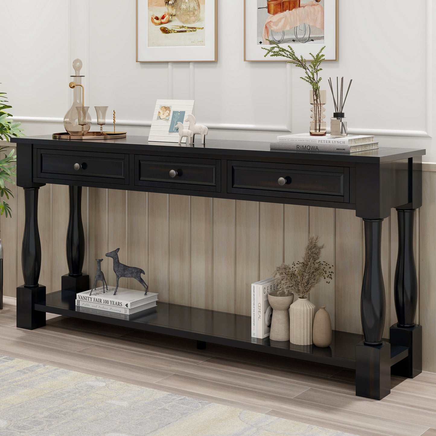 63" Black Console Table with Drawers & Shelf for Entryway, Hallway, Living Room