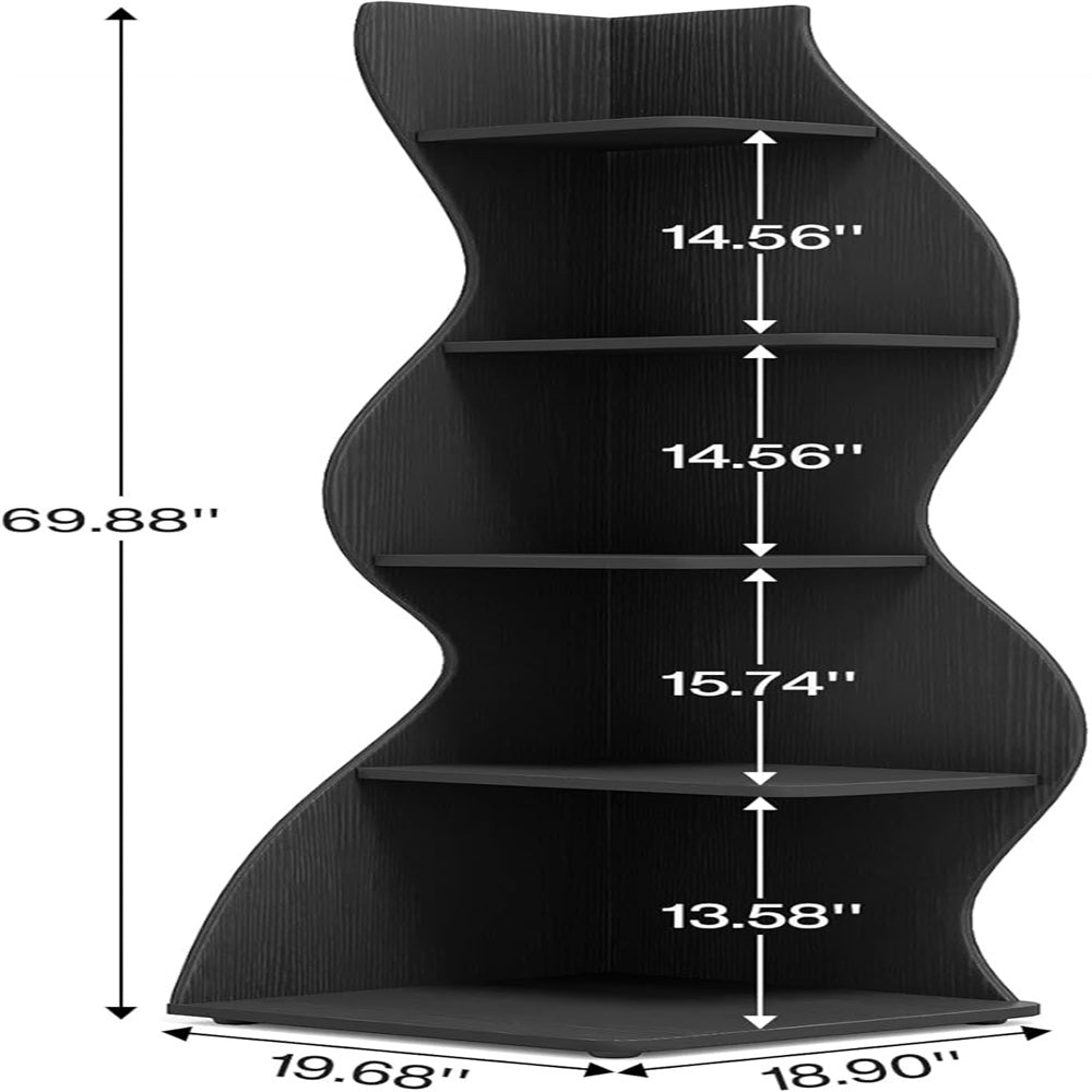 Black Wavy 5-Tier Corner Bookshelf – Modern Sculpted Bookcase Storage Rack