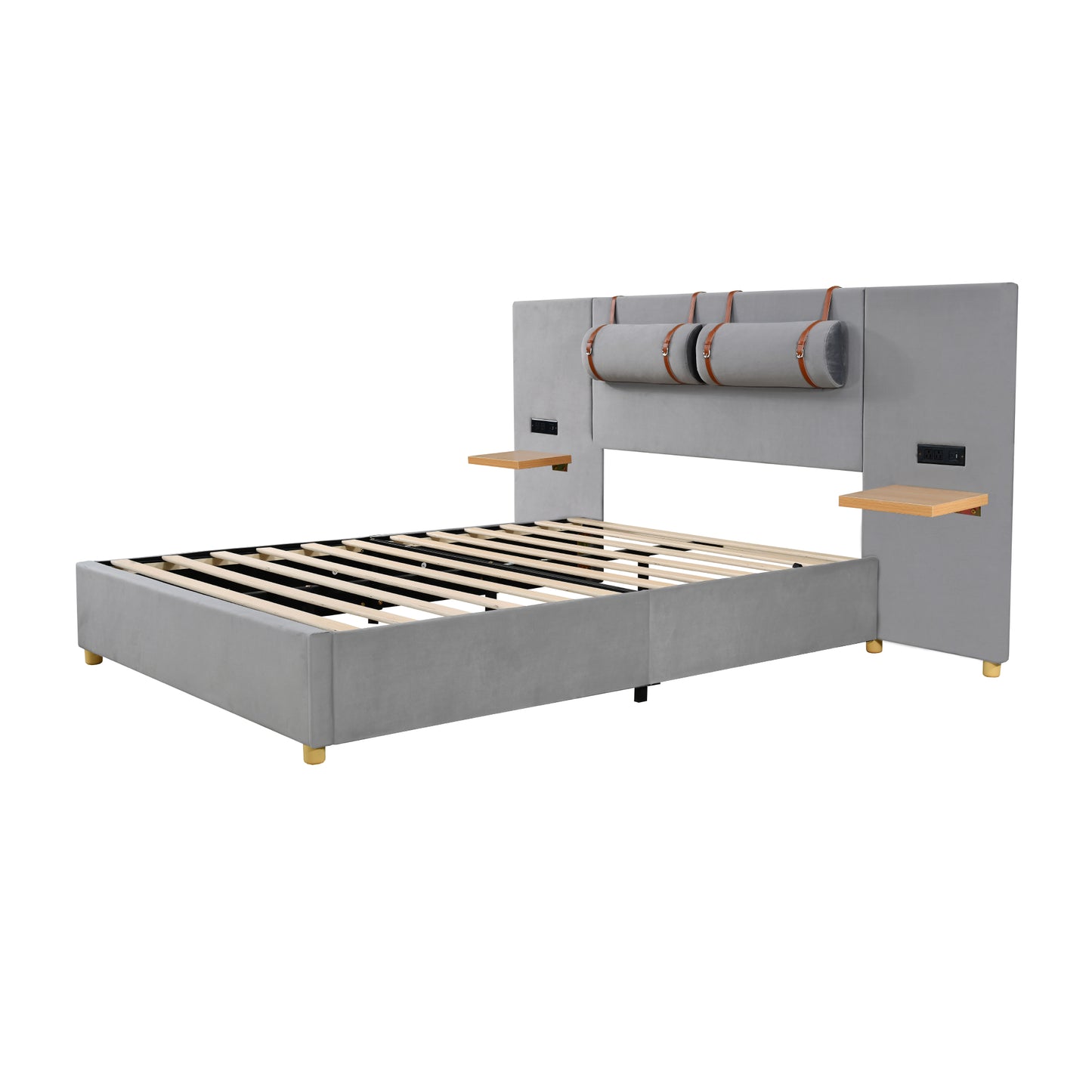 Queen Upholstered Platform Bed with USB Ports, Pillows & Storage Shelves – Gray